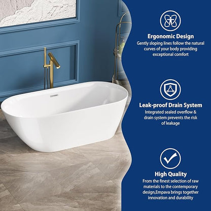Sarlai 67 Inch Acrylic Freestanding Soaking Bathtub Contemporary Soaking White Tub Stand Alone Ergonomic Bathtub with Chrome Drain and Overflow