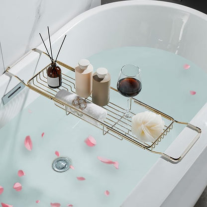 Stainless Steel Bathtub Caddy Tray, Expandable Bathtub Holder Table, Adjustable Bathroom Tray, Bath Organizer Tub Shelf,Gold,26.8~35.4in
