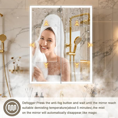 Aluminum Medicine Cabinet with Light,Stepless Glass Shelf,3 Colors Temperature,Dimmer,Backlit Lighting,Internal Light,USB Shaver Socket,Defogger,61cm×76cm