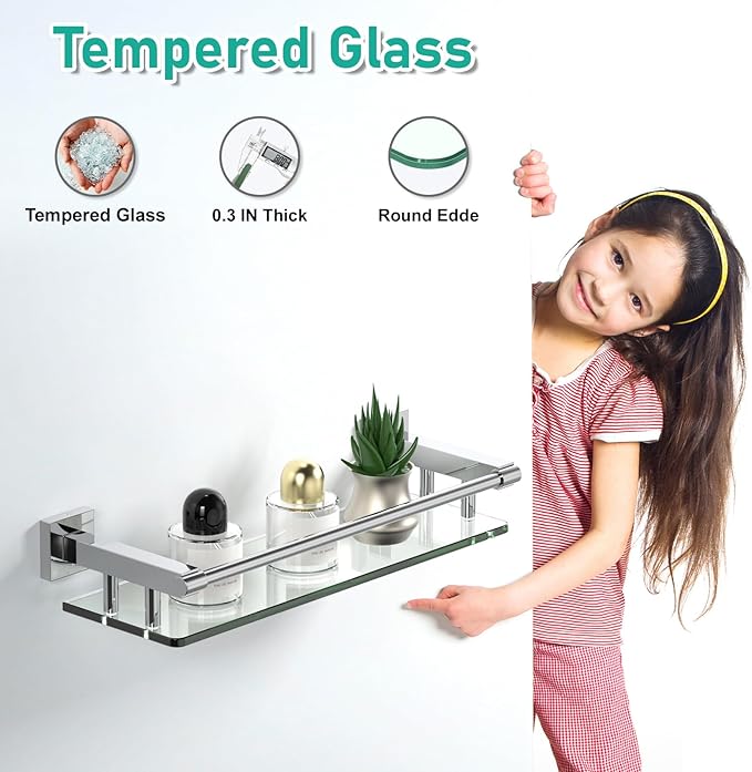 Glass Shelves for Wall, Chrome Stainless Steel & Tempered Glass Glass Shelf for Bathroom, Shelf Sink Over Toilet Bathroom Organizer (16-inch, Polished)