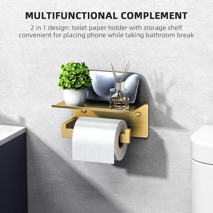 Angle Simple Toilet Paper Holder with Shelf, 304 Stainless Steel Bathroom Tissue Roll Holder for Wall, Brassy Gold