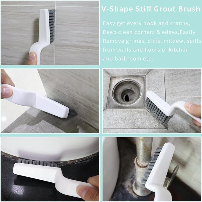 V Shape Grout Cleaner Brush Scraper, Stiff Bristle Grout Cleaning Brushes for Tile Floor, Handheld Grout Scrub Brush Set for Shower, Bathroom, Kitchen, Household, Easy Reach to Narrow Nooks and Cranny