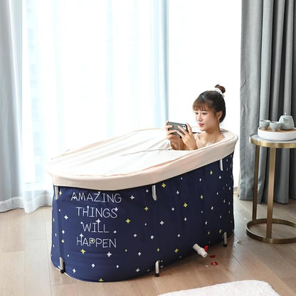BDL Portable Folding Bathtub Soaking Bath Tub, Separate Family Bathroom SPA Tub for Adult, Freestanding Bathtub for Shower Stall,Thickening with Thermal Foam to Keep Temperature Starry Night Blue