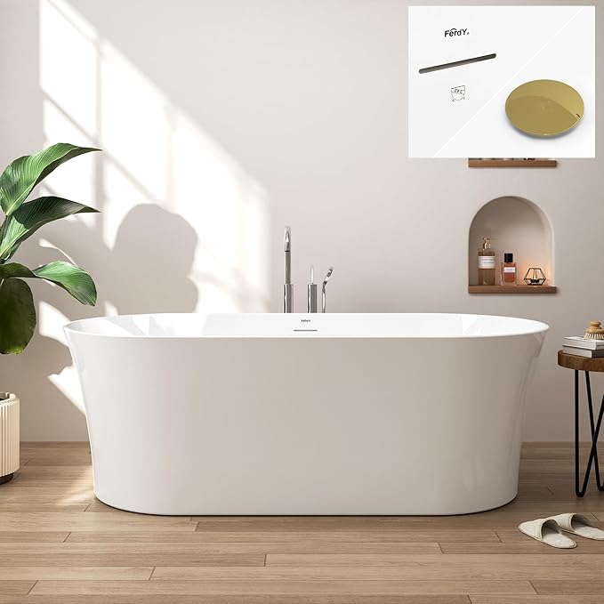 FerdY Santorini 67" Acrylic Freestanding Tub, Gracefully Shaped Contemporary Soaking Tub, Glossy White, cUPC Certified, Polished Gold Toe-tap Drain and Overflow