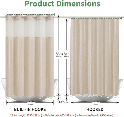 No Hook Extra Long Shower Curtain Set with Snap-in Liner,Linen Textured Thick Striped Fabric with Tassels,Boho Chic Modern Farmhouse Bathroom Curtain,Water-Repellent,Cream/Beige,71x86