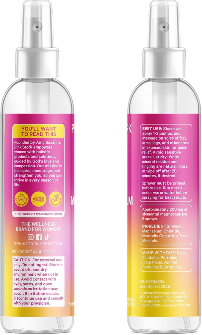 Pink Stork Magnesium Spray Mist - for Calm, Stress, and Sleep, Seasickness Support, Pregnancy Must Haves, 200 mg per 6 Sprays, Pure Magnesium Chloride Body Spray, 4 oz, Unscented