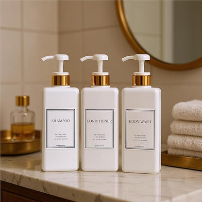 Modern Gold Design Shampoo and Conditioner Dispenser, Large 27oz Shower Soap Dispenser, Set of 3 Refillable Empty Plastic Pump Bottles for Bathroom and Body Wash (6 Waterproof Labels Included), White