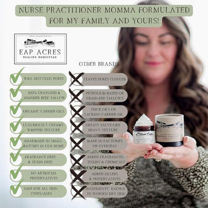 Lavender Infused 100% Grass-Fed Whipped Tallow Balm & Organic Jojoba Oil, Face and Body Moisturizer for Dry, Sensitive Skin, Eczema, (Lavender Infused)