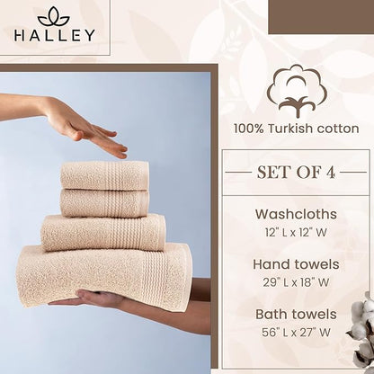 HALLEY Turkish Cotton Towels (Set of 4) 1 Bath Towel 1 Hand Towel 2 Washcloths, Super Soft Highly Absorbent 100% Cotton Towels for Bathroom and Kitchen for Mother’s Day (Tan)