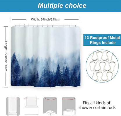 ORTIGIA 84 Inch Extra Wide Blue Misty Forest Shower Curtain for Bathroom, Nature Woodland Shower Curtain Set with Hooks, Decorative Pine Tree Fog Magic Bath Curtain, Waterproof Fabric, 84x72