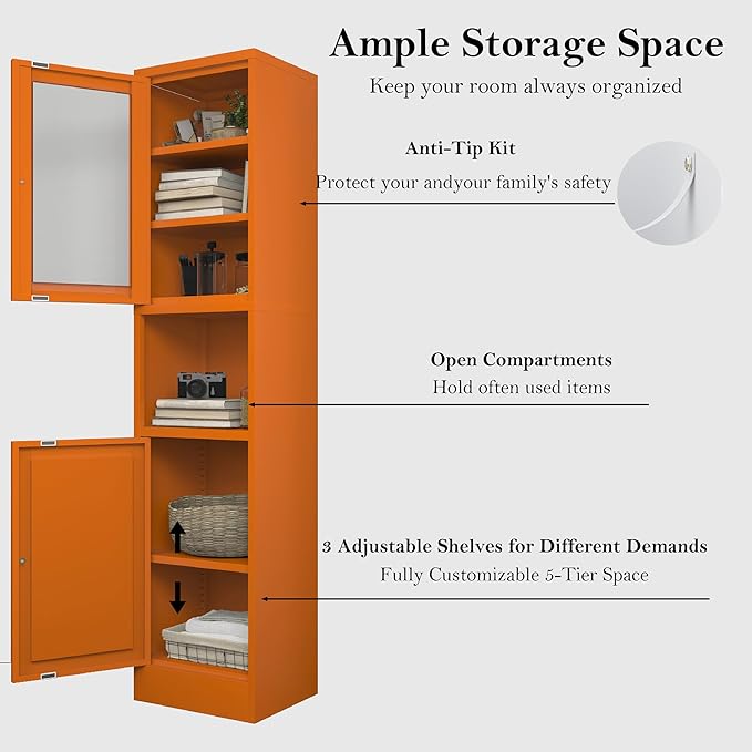 COFaR 67" Tall Metal Bathroom Storage Cabinet,6-Tier Narrow Cabinet with Glass Doors and Adjustable Shelves,Linen Cabinet for Small Spaces,Tall Cabinet for Bathroom,Living Room,Orange