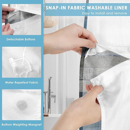 No Hook Blue Daisy and Butterfly Shower Curtain with Snap in Fabric Liner Set, Rustic Farmhouse Double Layers Waterproof Fabric with See Through Top Window Open Grommet Bath Curtain 54x80 Inch