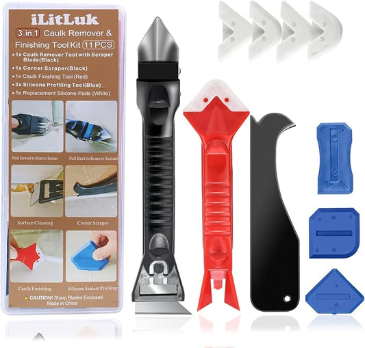 Caulk Removal Tool Kit Caulking Spatula Stainless Steel Head Grout Remover Angle Scraper Trowel with Sealant Finishing Tools Silicone Smoother with Storage Box for Window Siding Sink Joint
