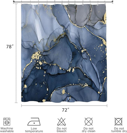 Long Shower Curtain 72 x 78 Inch, Tall Abstract Marble Shower Curtains for Bathroom Decor, Modern Luxury Art Decor Ink Texture Fabric Shower Curtain Set with Hooks, Navy Blue