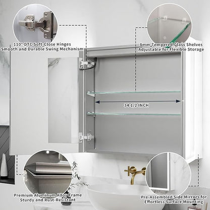 GroGro LED Lighted Bathroom Medicine Cabinet with Mirror,36" W x 30" H Medicine Cabinet with Lights,Surface or Recessed Mounting,Defog,Dimming,3-Color Temperature Adjustment