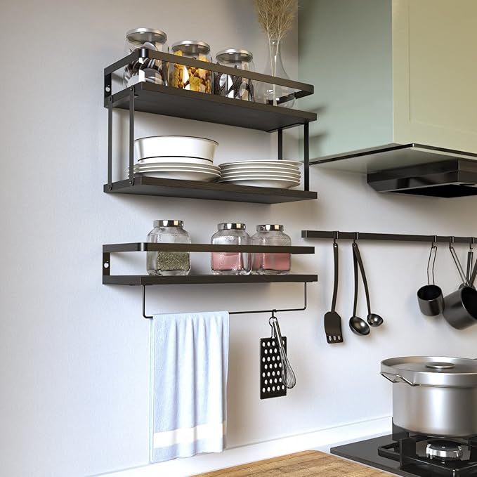 RICHER HOUSE 2+1 Tier Wall Mounted Floating Shelves Set of 2, Rustic Wood Wall Shelf with Metal Frame, Extra Storage Rack for Bathroom, Kitchen, Bedroom with Tissue Rack & Towel Bar - Black