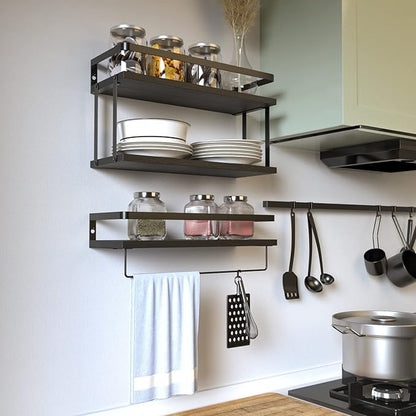 RICHER HOUSE 2+1 Tier Wall Mounted Floating Shelves Set of 2, Rustic Wood Wall Shelf with Metal Frame, Extra Storage Rack for Bathroom, Kitchen, Bedroom with Tissue Rack & Towel Bar - Black