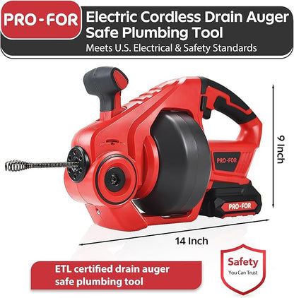 20V Cordless Electric Drain Auger, 25Ft Auto-Feed Drain Snake, Replaceable Cable, 2.0Ah Battery & Charger, LED Light, Clog Remover for Sink, Shower, Kitchen, Bathroom Pipes (3/4"-2")