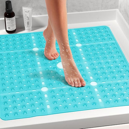 Large Clear Green Square Shower Mat Non Slip 27 x 27 Inches, Square Bath Tub Mat for Inside Shower Bathroom Floor, Shower Stall Mats with Big Suction Cup Drain Hole, Easy Washable, BPA-Free