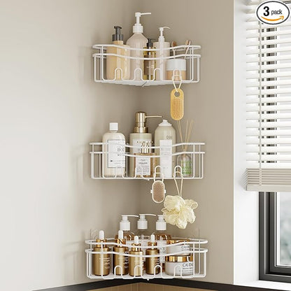 White Shower Caddy Corner, 3-Pack Adhesive Shower Shelves for Inside Shower, Rustproof Bathroom Organizer Corner with Built-in Hooks, No Drilling Bathroom Storage for Bath Accessories