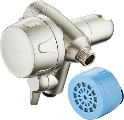 AquaCare Skin & Hair - World's Only Shower Head Combo Filter with Built-in 3-way Water Diverter, ON/OFF Filtration Modes, Instant Cartridge Reload & Stay-Clean American KDF Cartridge, Satin Nickel