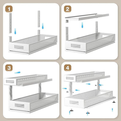 2 Pack 21.3IN-Depth Under Sink Organizer With Next-Gen Ball-Bearing Slides,2-Tier Pull Out Cabinet Storage,Height Adjustable Drawer Shelf for Bathroom,Kitchen,Laundry,Cabinet,Pantry-White