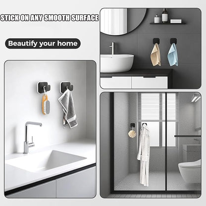 4Pcs Square Suction Cup Hook, 304 Stainless Steel Shower Hook, Removable Suction Cup Knob for Shower, Bathroom, Kitchen, Glass Door, Mirror (Black)