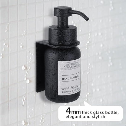 Black Glass Soap Dispenser Wall Mount for Bathroom with Pump and Drill-Free Holders - 8.5 Oz Hand Soap Dispenser, Shower Dispenser with Waterproof Labels