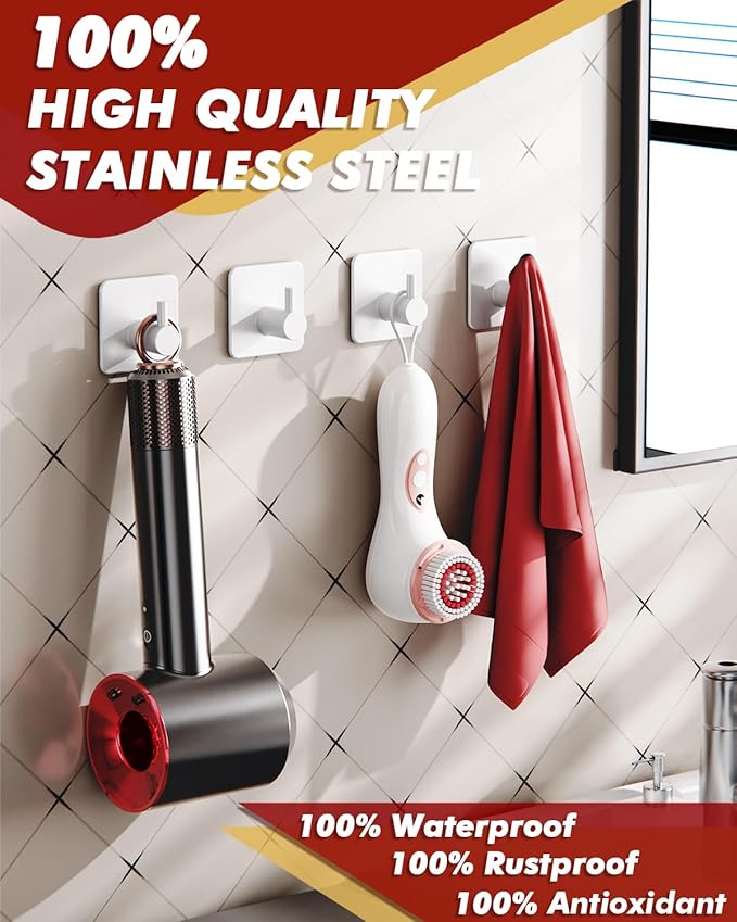 Auxmir Adhesive Hooks Heavy Duty 30lb(Max) Wall Hooks, 5 Pack Self Adhesive Damage Free Towel Rack, Stainless Steel for Coat Robe, Waterproof Oilproof Rustproof for Bathroom Shower Kitchen Office