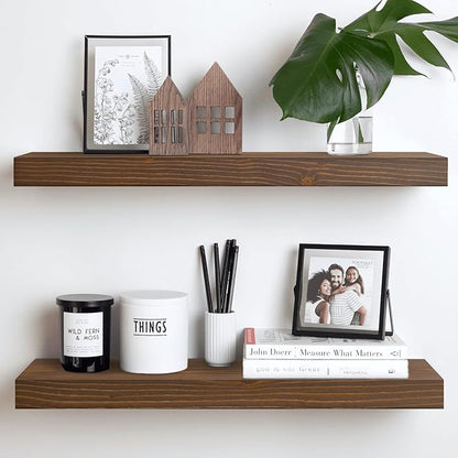 Homeforia Classic Walnut 24 inch Floating Shelf, High End Solid Real Wood Small 24inch Floating Shelves for Wall Mounted, 24in Floating Shelves, Heavy Duty Bracket, 24 X 6.5 X 1.75 inches, Set of 4