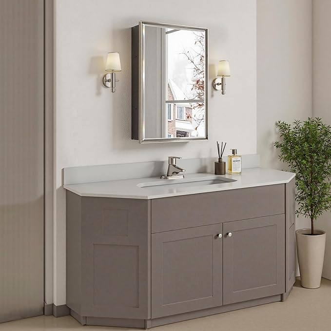 Pre-Assembled Surface or Recessed Medicine Cabinet Mirror-16x24 Brushed Nickel Bathroom Medicine Cabinet with Mirror & Rustproof Aluminum Frame, Beveled Bathroom Vanity Mirror with Storage