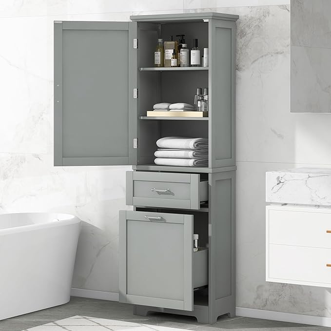 Favfurish 68" Tall Bathroom Storage Cabinet with Door and 2 Drawer,Modern Linen Cabinets w/Adjustable Shelf & Magnetic Door Stopper,Freestanding Organizer for Bath Room,Study,Office,Kitchen Grey
