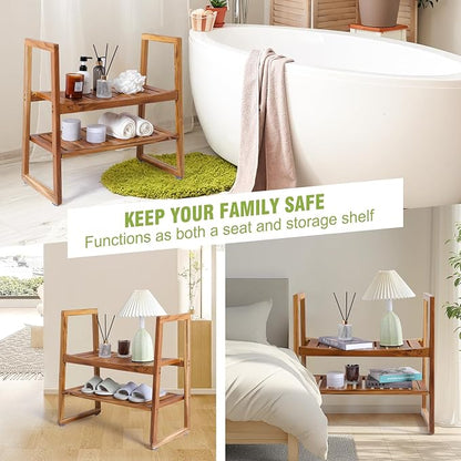 VVW Teak Shower Bench - Shower Seat with Arms Storage Shelf,26 Inch Teak Wood Shower/Wooden Bathroom 2-Tier Spa Bathing Stool/Waterproof,Shower Seat for Adults Elderly,Indoor and Outdoor Use
