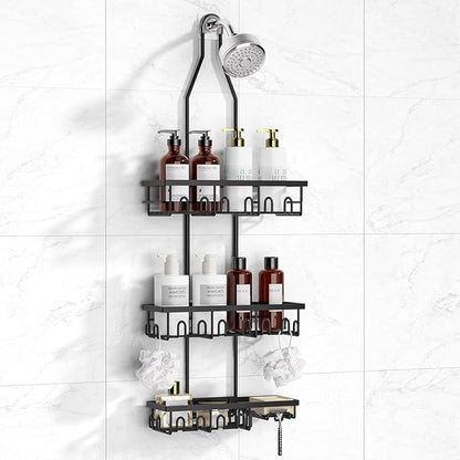Shower Caddy,Rustproof Shower Shelves Over Shower Head,Extended Length shower rack with Soap Holder,Black