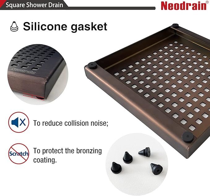 Neodrain 6 in Square Shower Drain, Oil Rubbed Bronze, Removable Quadrato Pattern Grate, with PVC Shower Drain Base and Rubber Gasket, Square Drainage. CUPC Certified, Includes Hair Strainer, ORB