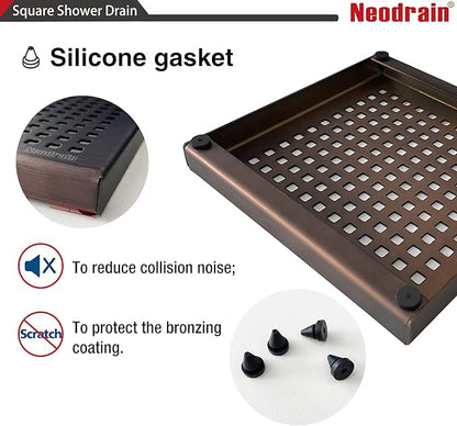 Neodrain 6 in Square Shower Drain, Oil Rubbed Bronze, Removable Quadrato Pattern Grate, with PVC Shower Drain Base and Rubber Gasket, Square Drainage. CUPC Certified, Includes Hair Strainer, ORB