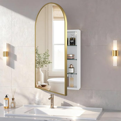 FKWin Arched Medicine Cabinets with Mirror, Bathroom Mirror with Storage, Aluminum Alloy Bathroom Cabinet, Modern Bathroom Wall Cabinet with 3 Adjustable Shelves, Not Recessed, 29.5"x15.7", Gold