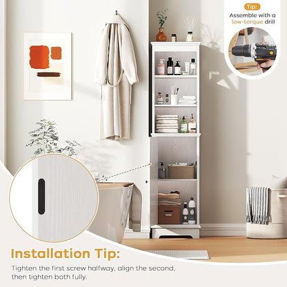 Narrow Bathroom Storage Cabinet with Door and Open Adjustable Shelves, 60.9" H Wooden Tall Tower Corner Farmhouse Cabinet, Freestanding Organizer for Kitchen, Entryway White
