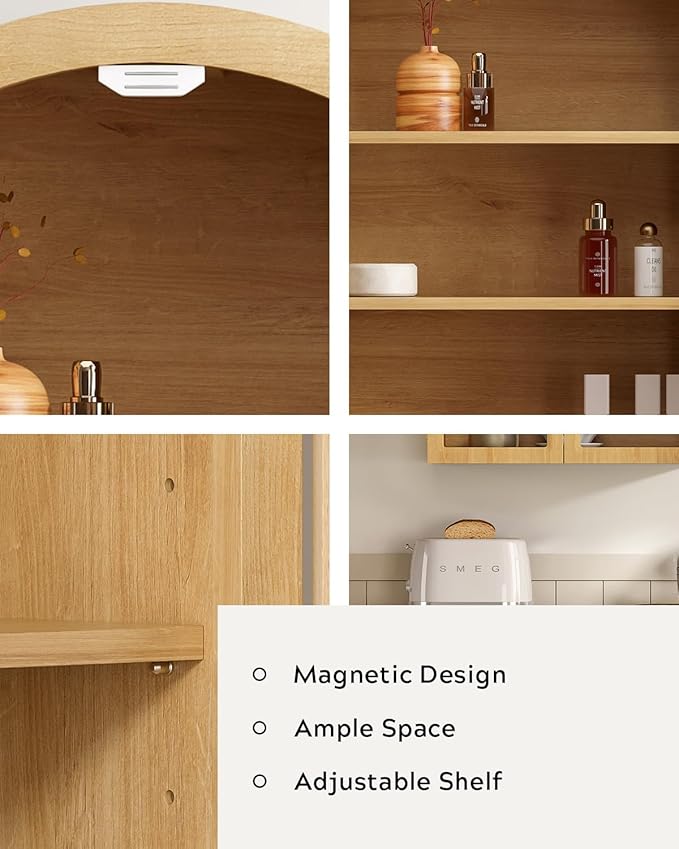 Small Arched Bathroom Wall Cabinet Modern Wooden Medicine Cabinet with Acrylic Doors Farmhouse Wall Mounted Cupboard Storage Organizer for Laundry Room, Dining Room, Natural Oak