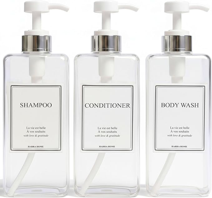 Modern Design Shampoo and Conditioner Dispenser, Large 27oz Shower Soap Dispenser, Set of 3 Refillable Empty Plastic Pump Bottles for Bathroom, 6 Waterproof Labels Included, (Clear & Silver)
