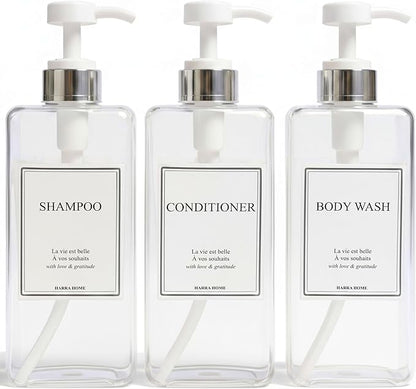 Modern Design Shampoo and Conditioner Dispenser, Large 27oz Shower Soap Dispenser, Set of 3 Refillable Empty Plastic Pump Bottles for Bathroom, 6 Waterproof Labels Included, (Clear & Silver)