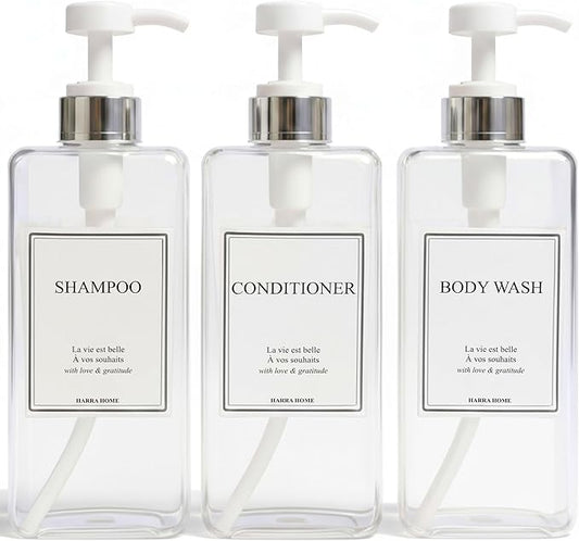 Modern Design Shampoo and Conditioner Dispenser, Large 27oz Shower Soap Dispenser, Set of 3 Refillable Empty Plastic Pump Bottles for Bathroom, 6 Waterproof Labels Included, (Clear & Silver)