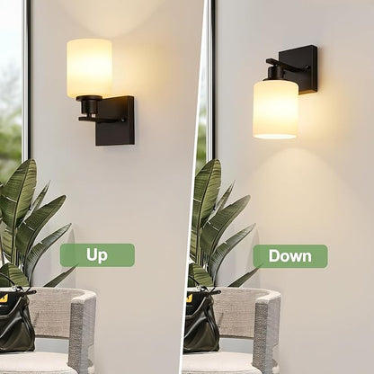 Set of 2 Wall Sconces for Bathroom,Black Modern Vanity Lights with White Glass Shade,Bathroom Wall Lamp for Mirror Kitchen Living Room Hallway Cabinet Porch