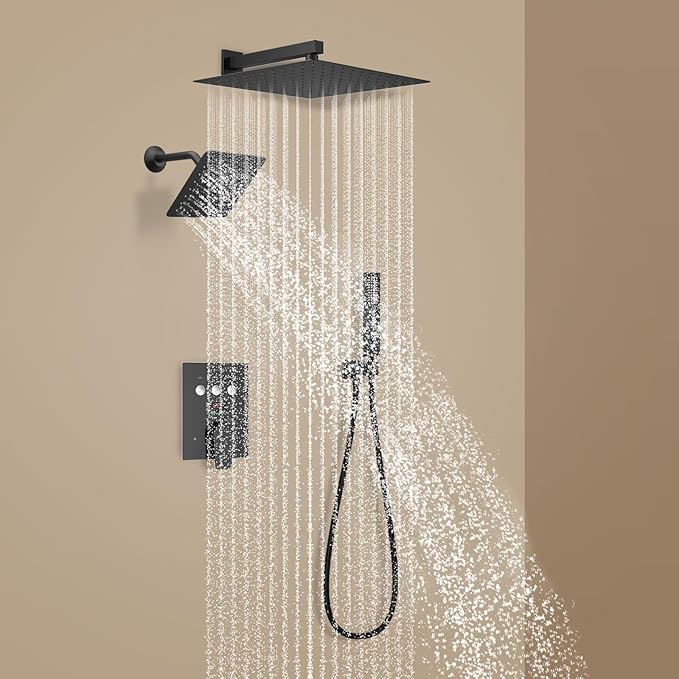 Temperature Display Shower Faucet Set Matte Black Shower System with 2 Rain Shower Head(12+8"), Handheld Shower and Multi-function Push Button Shower Faucet Trim Kit