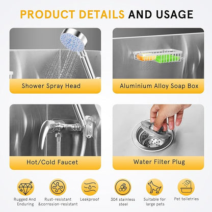 38'' Large Dog Bathtub Stainless Steel, Dog Washing Station, Pet Bathing Station Grooming Bath Tub with Left Ramp & Removable Door & Showerhead & Faucet & Soap Holder for Home Pet Grooming Salon