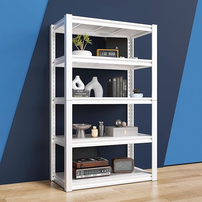 Raybee Garage Shelving, 2000LBS Storage Shelves, White Metal Shelves, 5 Tier Adjustable Heavy Duty Shelving for Pantry Kitchen Closet Basement Warehouse 16.5" D x 32" W x 63" H