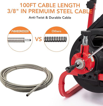 Heavy Duty Electric Drain Cleaner Machine, 100 Ft x 3/8 Inch Sewer Snake, 370w Auto-Feed, 6 Interchangeable Cutters, Gloves, Portable Pipe Cleaning Tool for 2-4 Inch Pipes