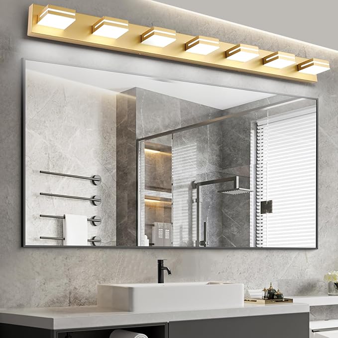SineRise LED Modern Bathroom Vanity Light Fixtures (7-Light, 55-Inch), Gold Modern Acrylic Bathroom Wall Lighting Fixtures Over Mirror (Cool White 6000K)
