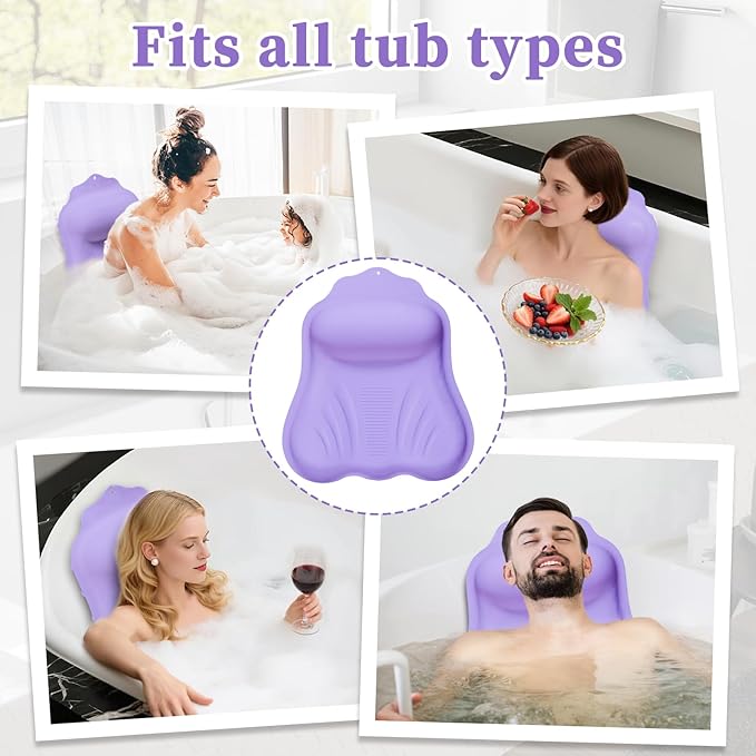 Silicone Bath Pillow for Tub Adults, 4D Air-Cushion Bathtub Pillow for Head Neck and Back Support, Non-Slip Suction Cups, Quick-Drying Waterproof Spa Pillow, Easy to Clean & Store，Purple