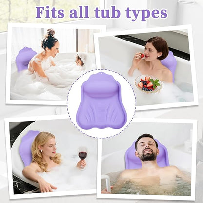 Silicone Bath Pillow for Tub Adults, 4D Air-Cushion Bathtub Pillow for Head Neck and Back Support, Non-Slip Suction Cups, Quick-Drying Waterproof Spa Pillow, Easy to Clean & Store，Purple